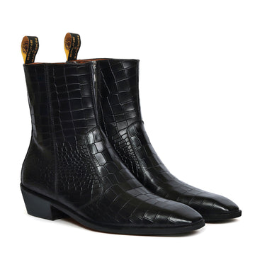 Stitched Black Chelsea Boot with Cuban Heel Zip Closure Croco Embossed Leather By Brune & Bareskin