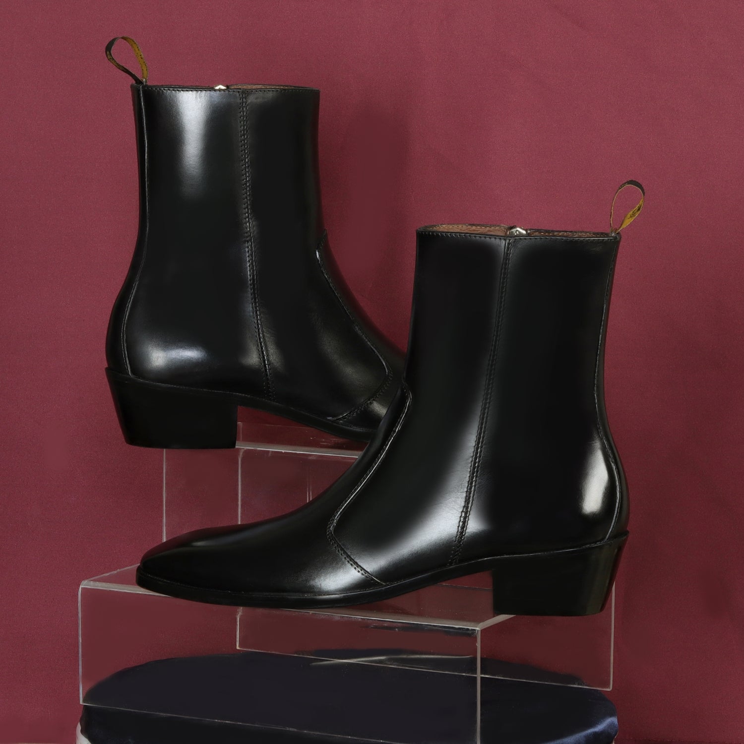 Cuban Heel Boots Stitched Black Leather with Zip Closure by Brune Ba