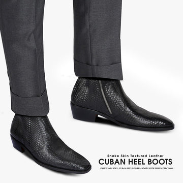 Snake Skin Textured Leather Cuban Boots in Black Color