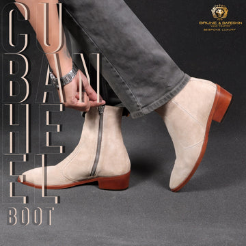 Perfect Cuban Heel Boot in Beige Suede Leather with Zipper Closure