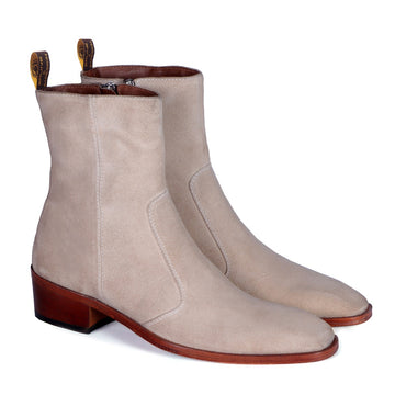 Perfect Cuban Heel Boot in Beige Suede Leather with Zipper Closure