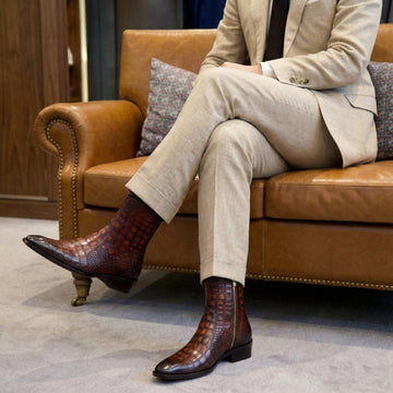 Smokey Finish Cuban Heel Chelsea Boots in Tobacco Stitched High Ankle Deep Cut Leather Zip Closure By Brune & Bareskin