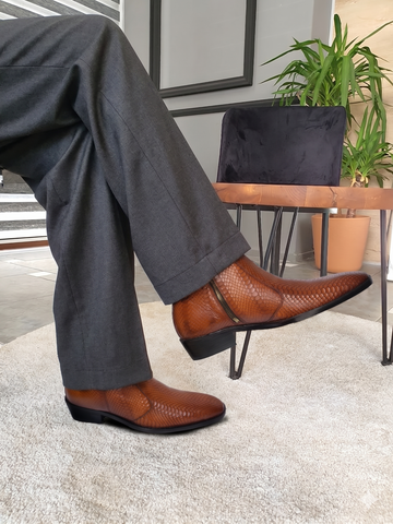 Snake Skin Textured Leather Cuban Boots in Tan Color