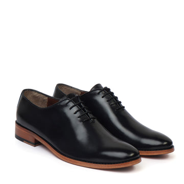Black Whole Cut/One-Piece Oxford Leather Lace-Up Shoes For Men By Brune & Bareskin