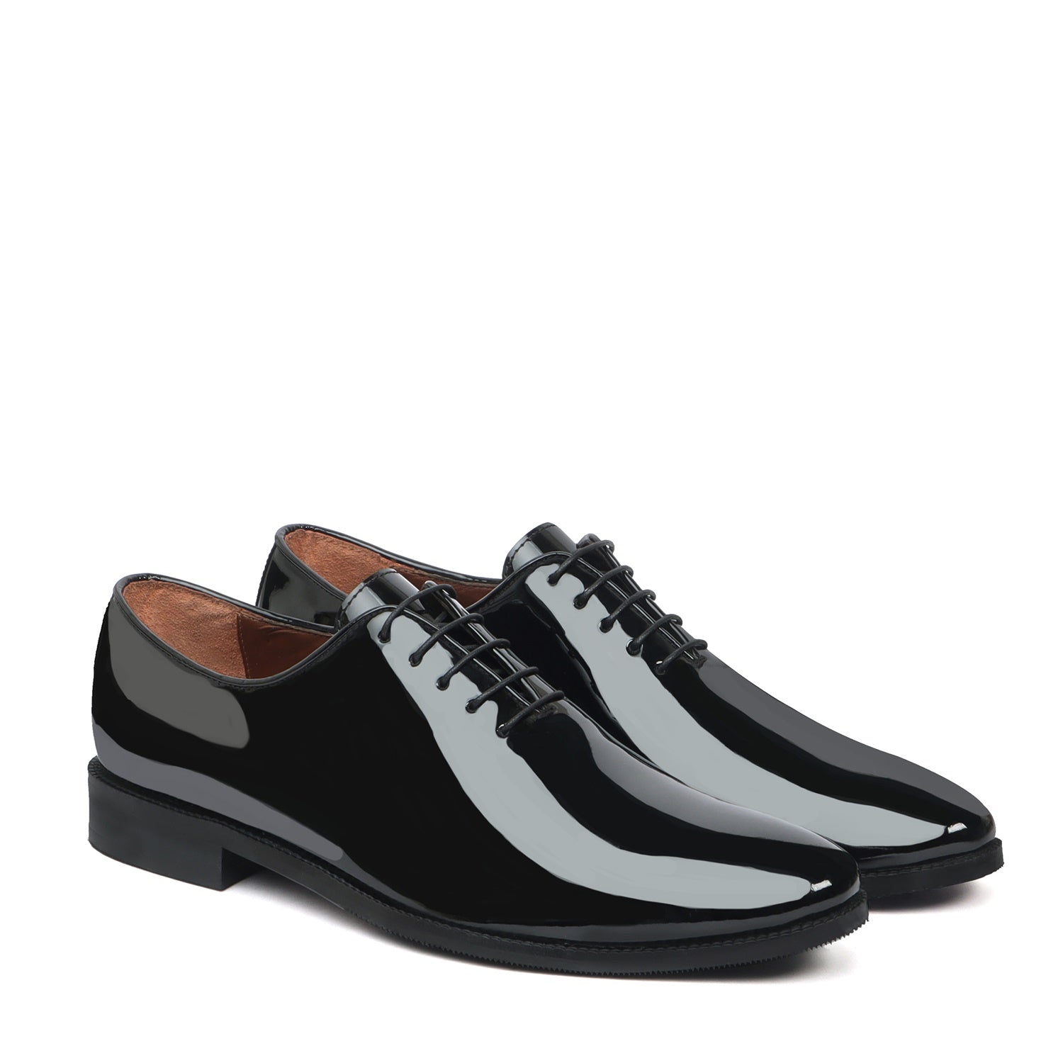 Black Patent Whole Cut/One-Piece Oxford Leather Lace-Up Shoes For Men By Brune & Bareskin