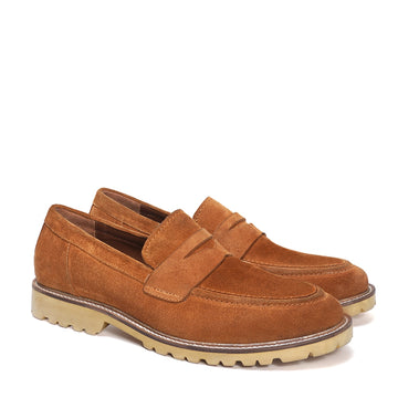 Light Weight Lug Sole Loafers in Orange Suede Leather with Triangular Cut-Strap