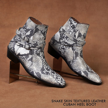 Jodhpuri Cuban Heel Boot in Black-White Snake Print Leather