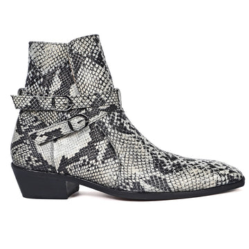 Jodhpuri Cuban Heel Boot in Black-White Snake Skin Textured Leather