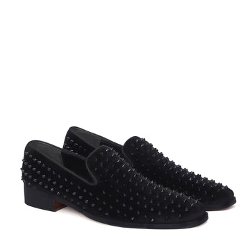 Black Studded Sleek Toe Italian Velvet Loafer For Men by Brune & Bareskin