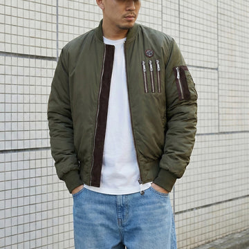 Tri-Zip Pockets Standing Collar Green Contrasting Dark Brown Puffer Bomber Jacket by Brune & Bareskin