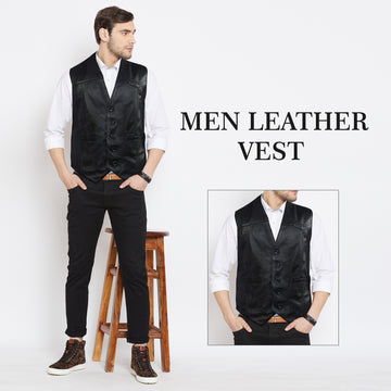 Stitched Leather Fabric Vest with Button Closure