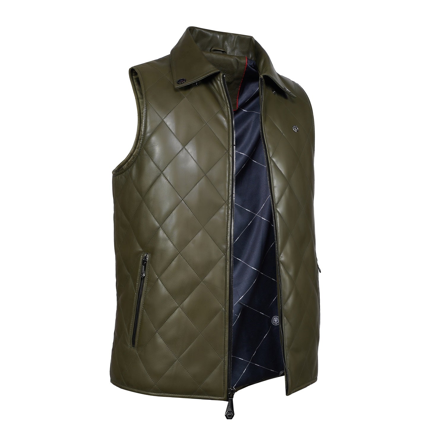 Diamond Stitched Green Leather Vest Jacket with Zipper Closure