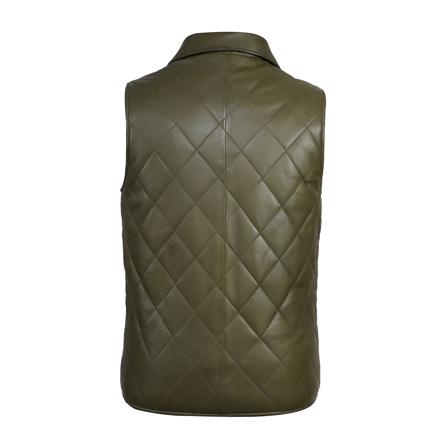 Diamond Stitched Green Leather Vest Jacket with Zipper Closure
