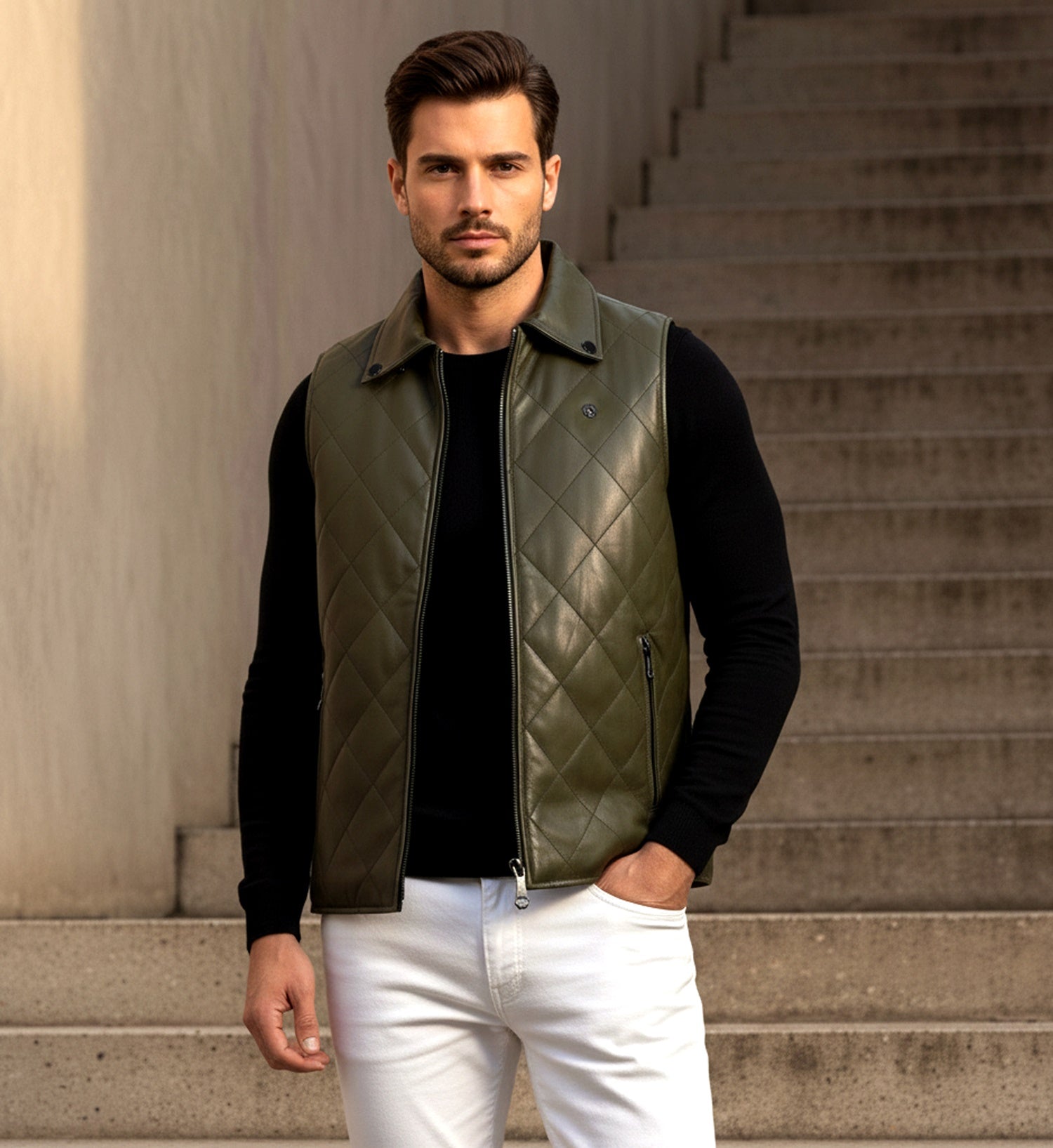 Diamond Stitched Green Leather Vest Jacket with Zipper Closure