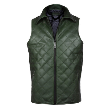 Diamond Stitched Green Leather Vest Jacket with Zipper Closure