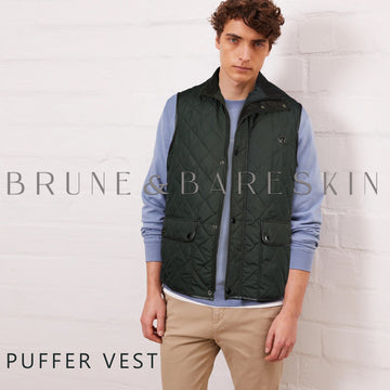 Dark Green Puffer Vest with Dark Brown Leather Trims