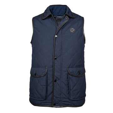 Diamond Stitched Blue Puffer Vests with Contrasting Leather Trims