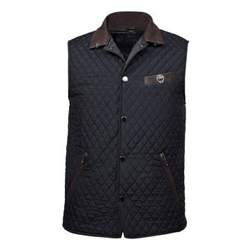 Diamond Stitched Black Puffer Vest with Dark Brown Leather Trims Collar & Pockets