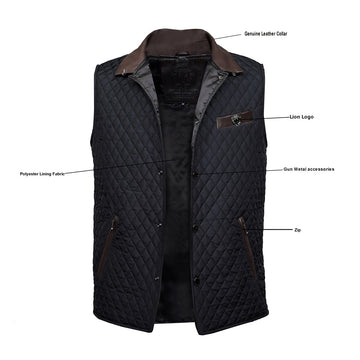 Diamond Stitched Black Puffer Vest with Dark Brown Leather Trims Collar & Pockets