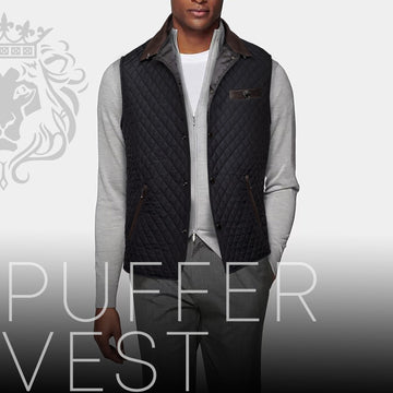 Diamond Stitched Black Puffer Vest with Dark Brown Leather Trims Collar & Pockets