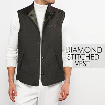 Diamond-Stitched Olive Puffer Vest with Leather Trimmed Collar