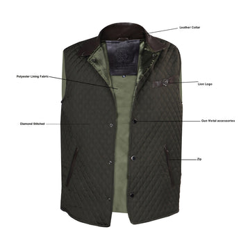 Diamond Stitched Olive Puffer Vest with Dark Brown Leather Trims Collar & Pockets by Brune & Bareskin