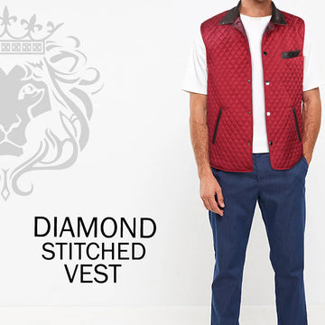 Red Diamond Stitched Puffer Vest with Black Leather Trims Collar & Pockets by Brune & Bareskin