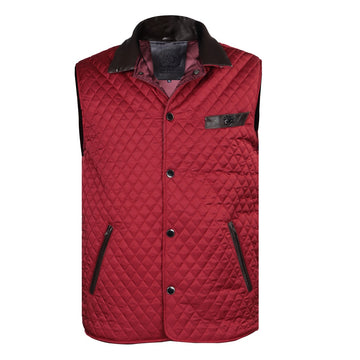 Red Diamond Stitched Puffer Vest with Black Leather Trims Collar & Pockets by Brune & Bareskin