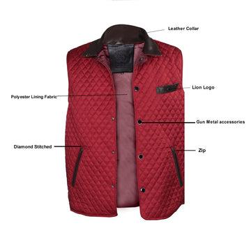 Red Diamond Stitched Puffer Vest with Black Leather Trims Collar & Pockets by Brune & Bareskin