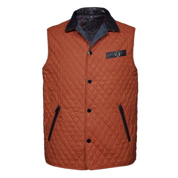 Diamond-Stitched Orange Puffer Vest with Leather Trimmed Collar