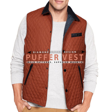 Diamond-Stitched Orange Puffer Vest with Leather Trimmed Collar