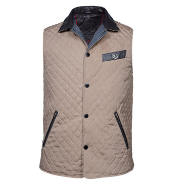 Diamond-Stitched Beige Puffer Vest with Black Leather Trim