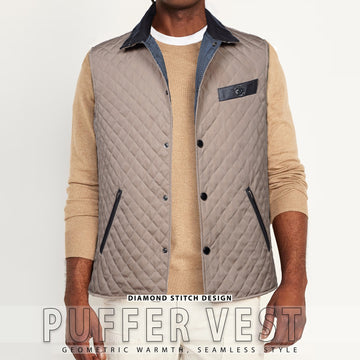 Diamond-Stitched Beige Puffer Vest with Black Leather Trim