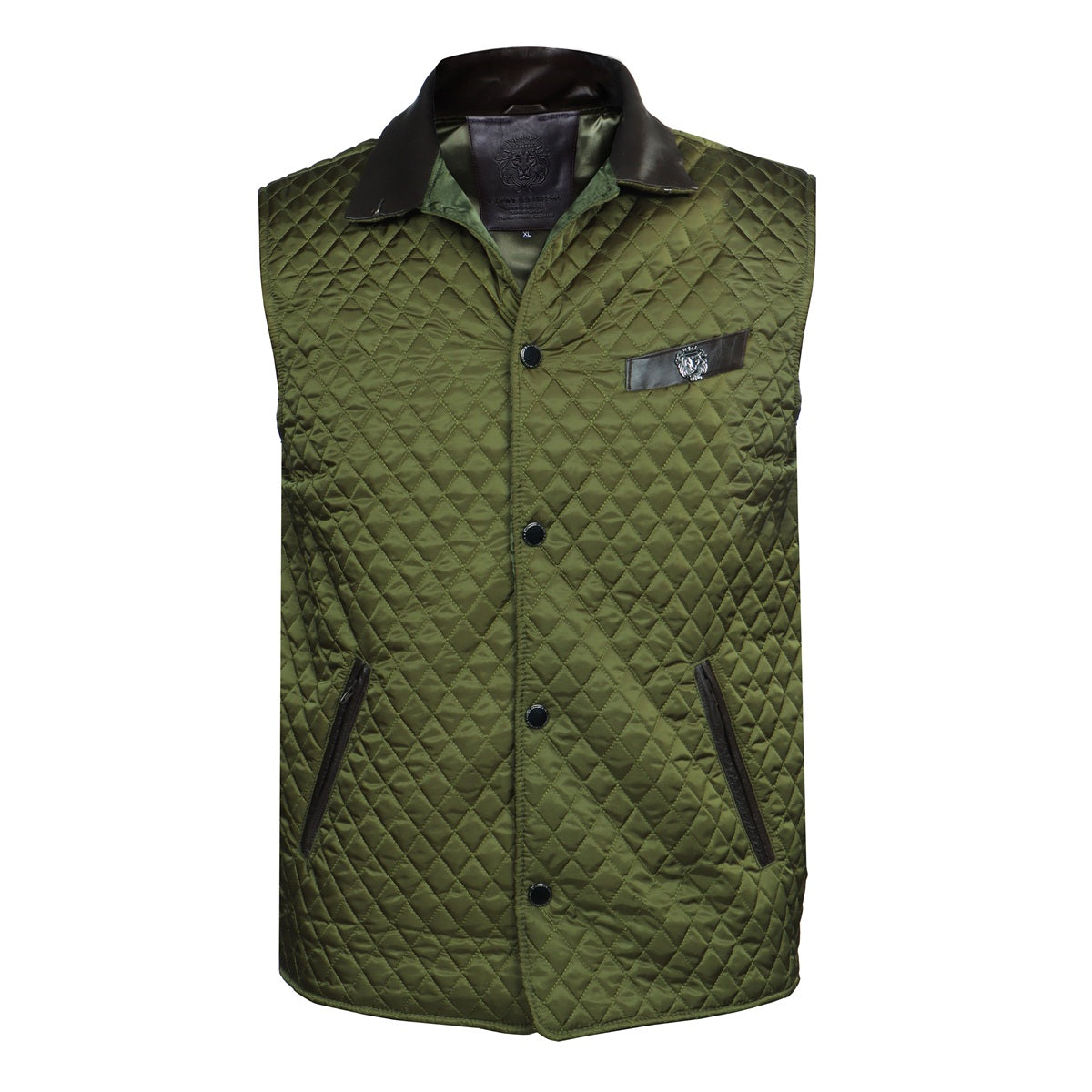 Diamond Stitched Green Puffer Vest With Black Leather Trims Collar & Pockets by Brune & Bareskin