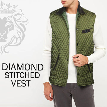 Diamond Stitched Green Puffer Vest With Black Leather Trims