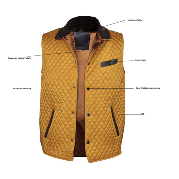 Yellow Puffer Vest Diamond Stitched Dark Brown Leather Trims Collar & Pockets by Brune & Bareskin
