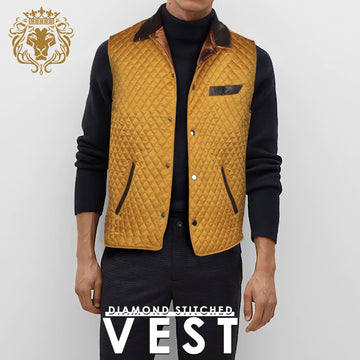 Yellow Puffer Vest Diamond Stitched Dark Brown Leather Trims Collar & Pockets by Brune & Bareskin