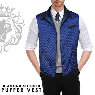 Blue Diamond Stitched Vest with Leather Trims