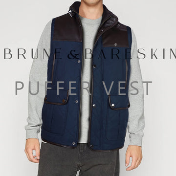 Contrasting Leather Trims Block Blue Puffer Vest