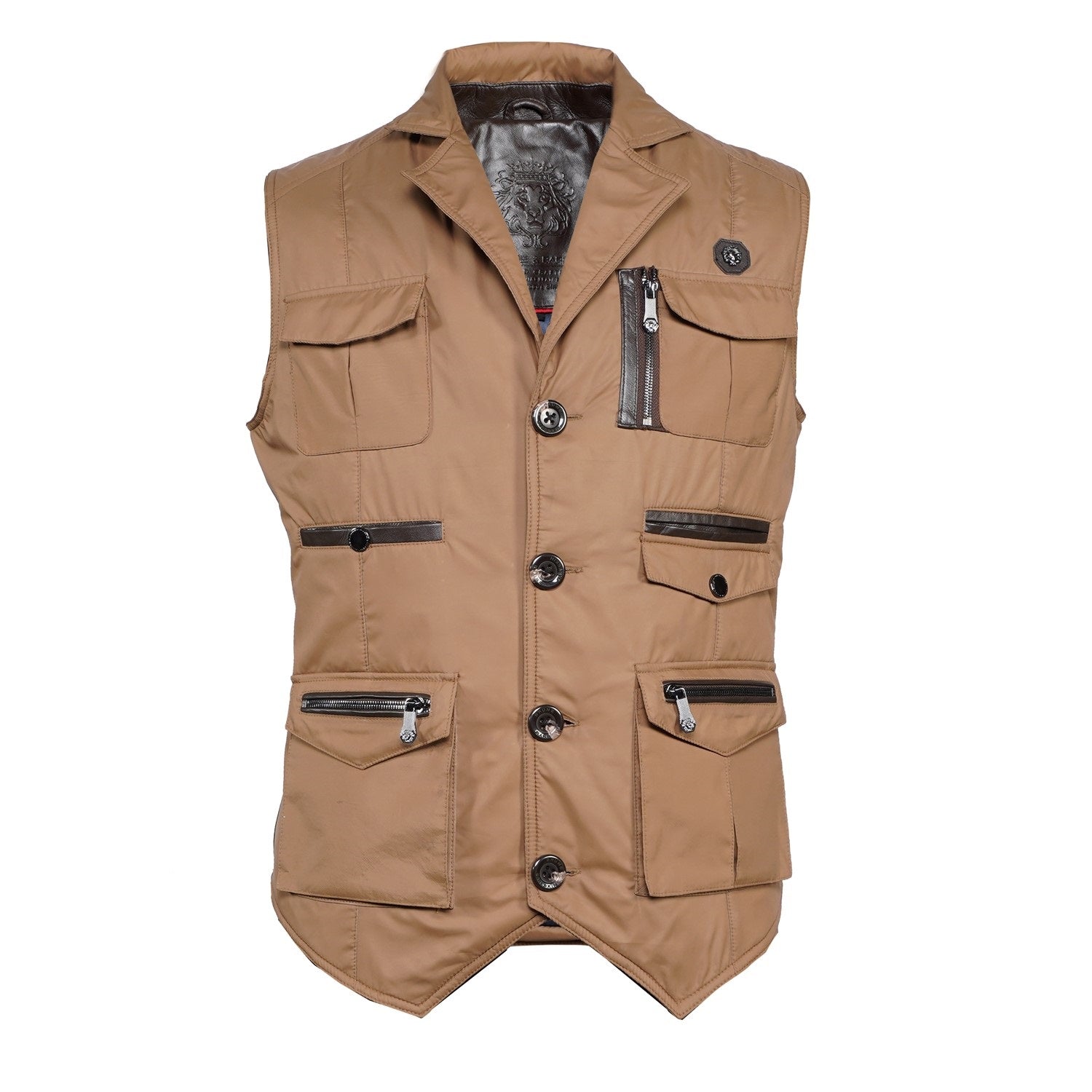 Handcrafted Beige Multi-Pocket Design Leather Travel Vest