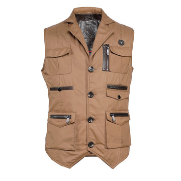 Handcrafted Beige Multi-Pocket Design Leather Travel Vest