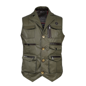 Warm & stylish Multi Pockets Vest in Green Waxy Cotton