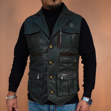 Warm & stylish Multi Pockets Vests in Green Waxy Cotton