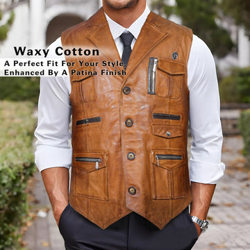 Tan Premium Leather Warm & stylish Multi Pockets Vest