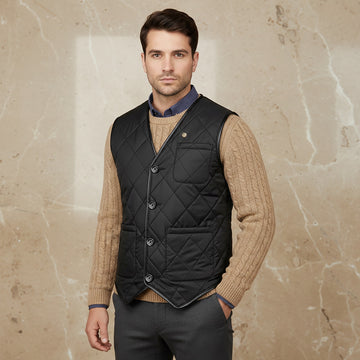 V- Neck Black Diamond-Stitched Square Pocket Puffer Vest
