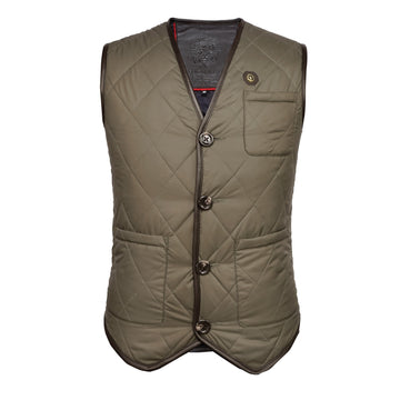 V-Neck Green Diamond-Stitched Square Pocket Puffer Vest