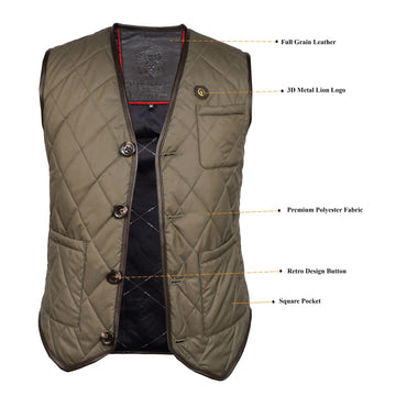 V-Neck Green Diamond-Stitched Square Pocket Puffer Vest