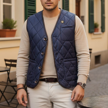 V Neck Blue Diamond-Stitched Square Pocket Puffer Vest
