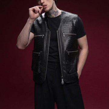 Black Croco Embossed Leather Utility Vest