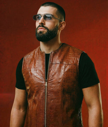Luxury Tan Croco Embossed Leather Vest